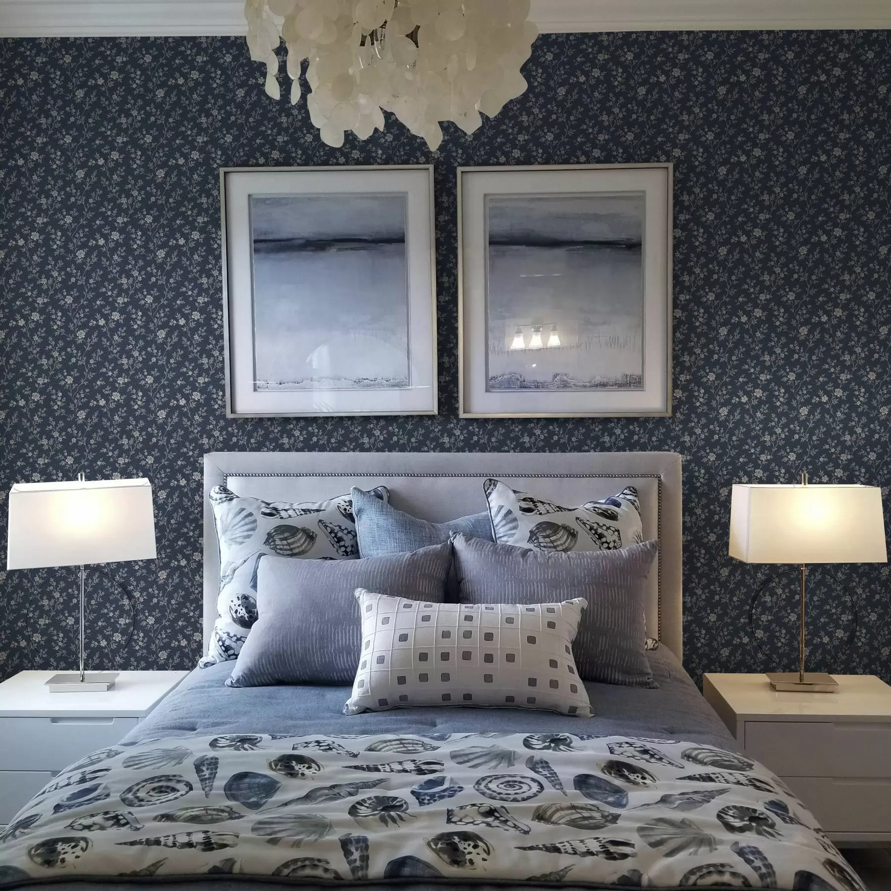 wall murals Dark navy background with thin beige branches and flowers a00612
