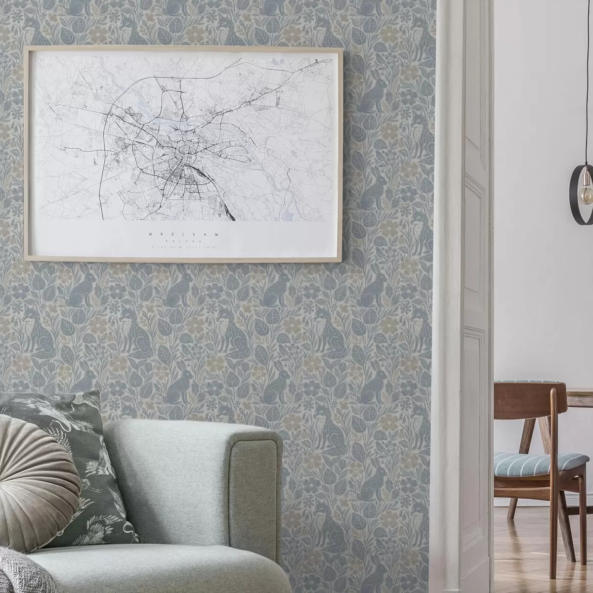 Wallpaper Forest animals and flowers: fox and hare in blue tones a00613