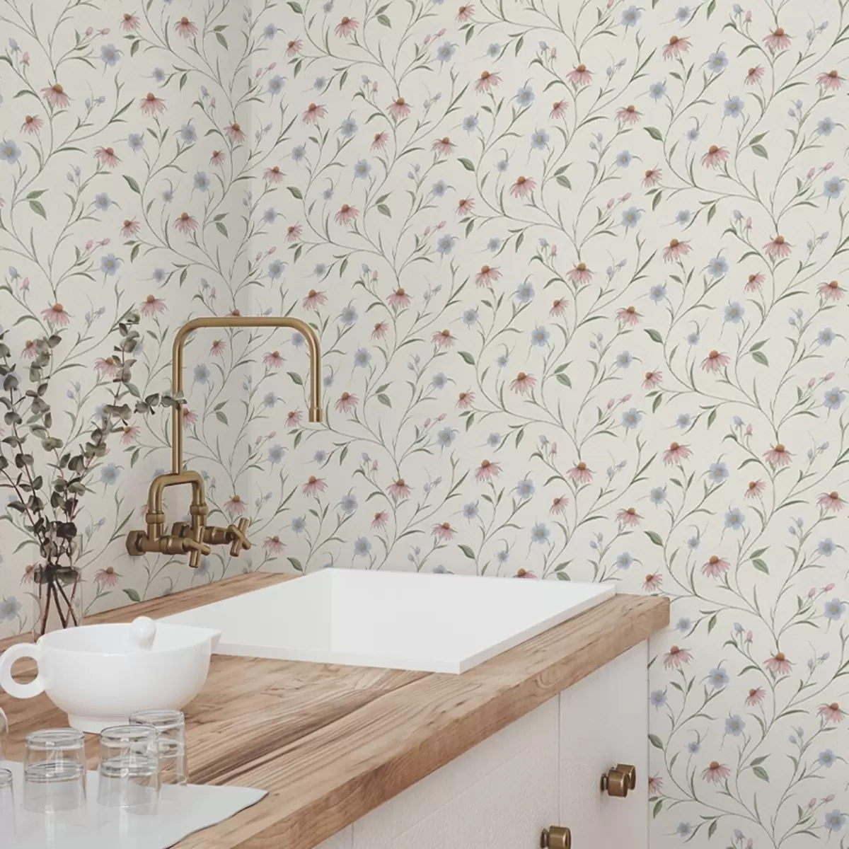 Wallpaper Field daisies and echinacea on a cream background, lightness a00614