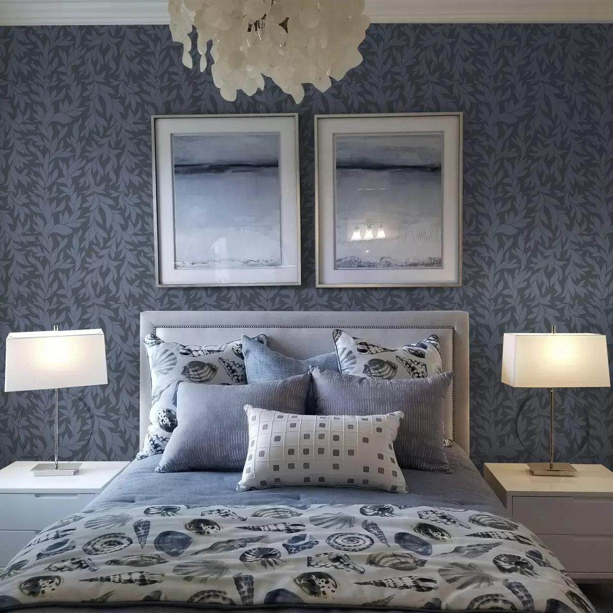 Wallpaper Graphite-blue background and blue leaves, textured stroke a00616v2