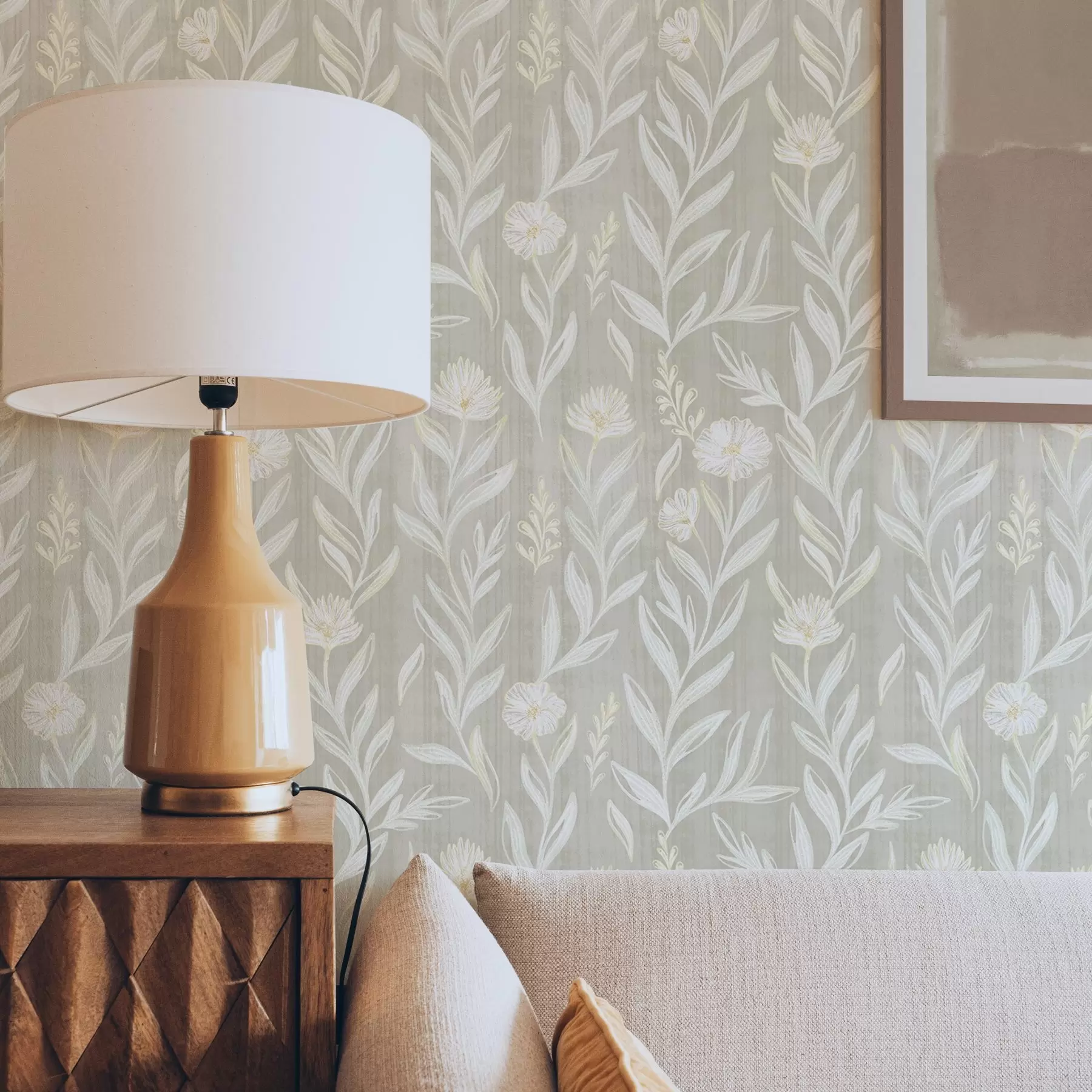 wall murals Light grasses and flowers on beige, sketchy lines a00618