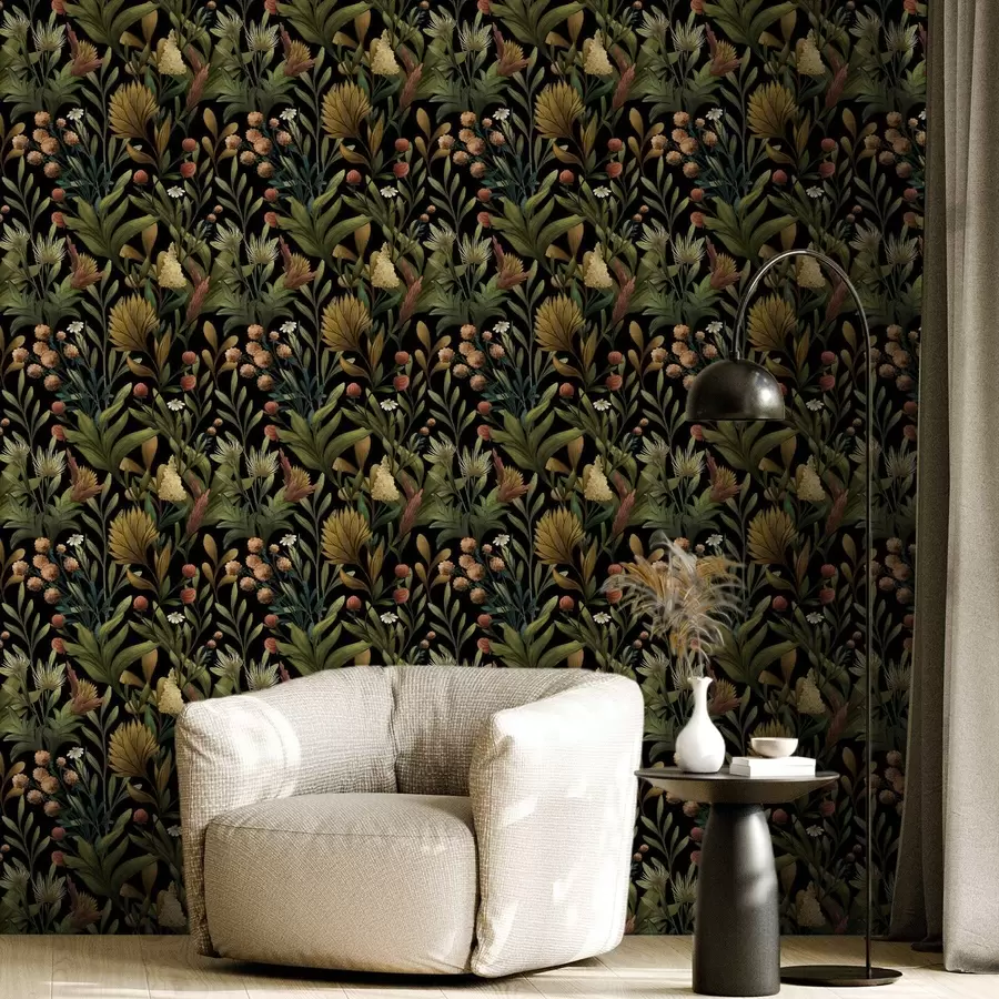 wall murals Botanical garden on black background, warm autumn palette a00619