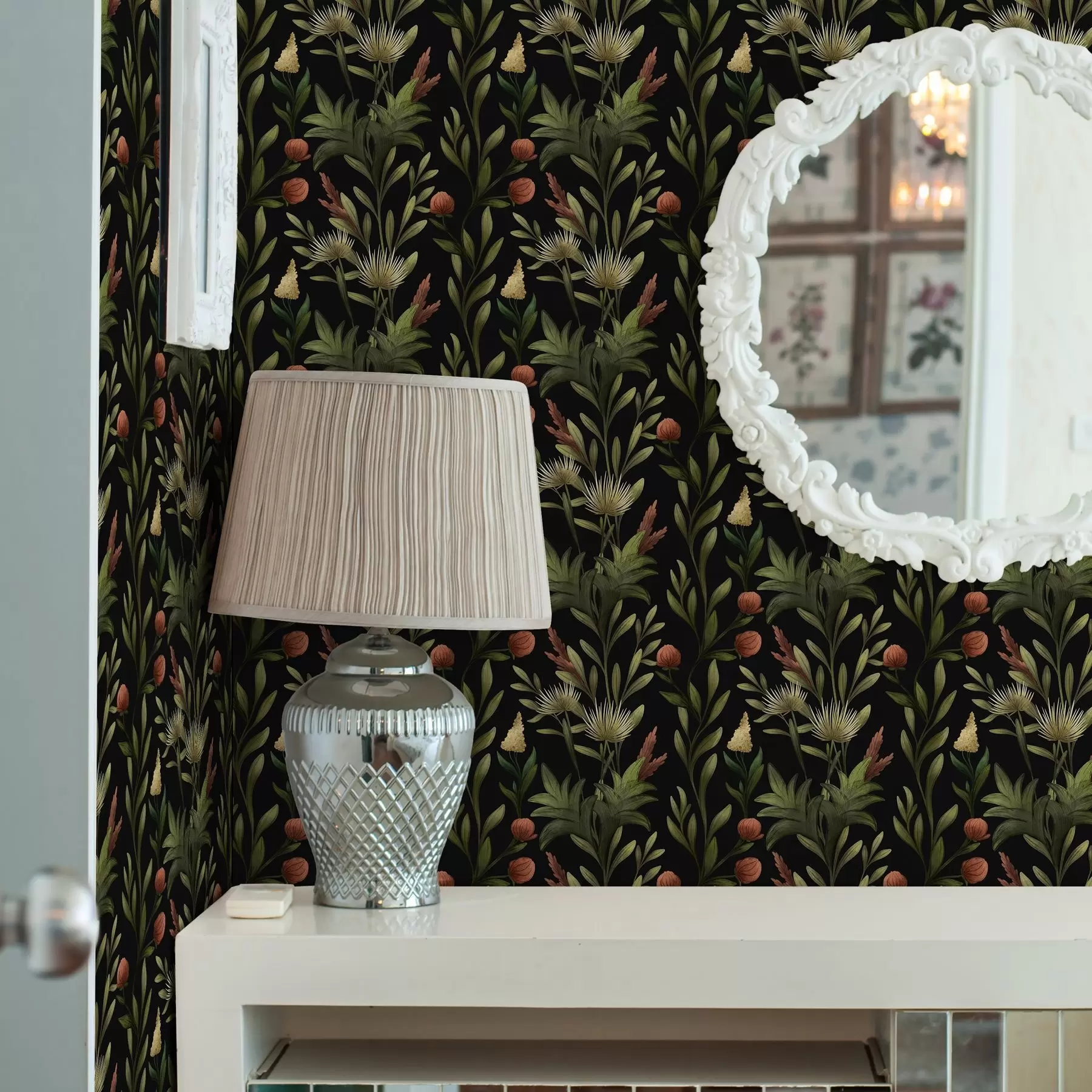 wall murals Tall grasses and blooms on black, detailed print a00620