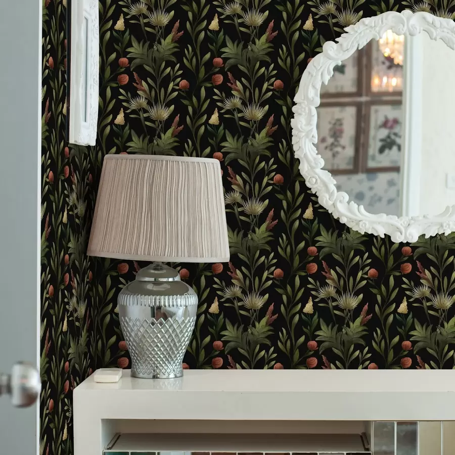 wall murals Tall grasses and blooms on black, detailed print a00620