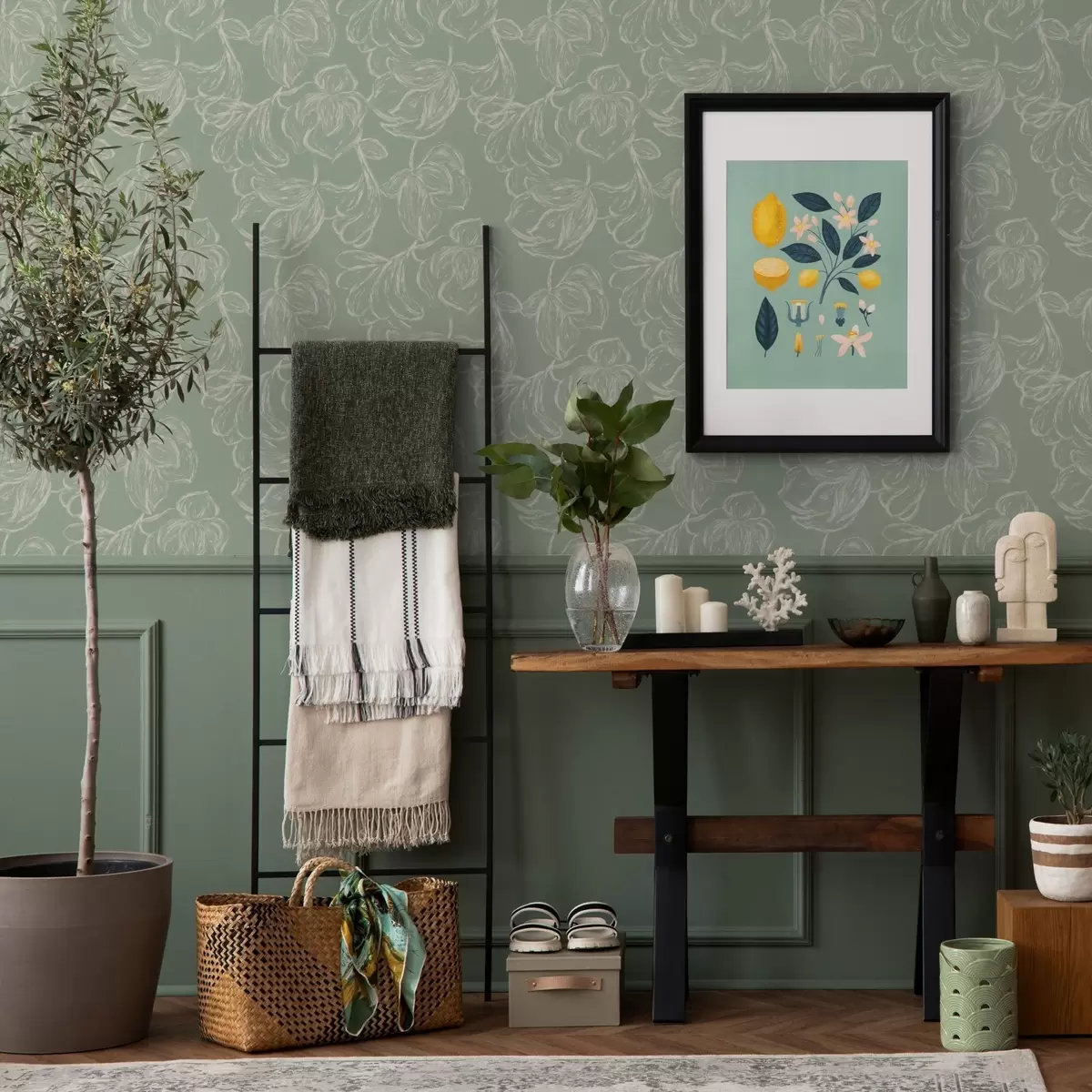 Wallpaper Linear large flowers, chalk strokes on a sage background a00625v1