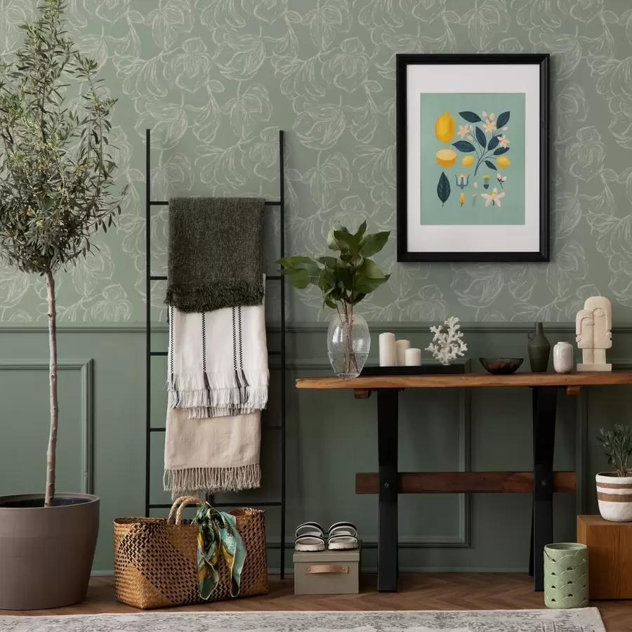 wall murals Linear large flowers, chalk strokes on a sage background a00625v1