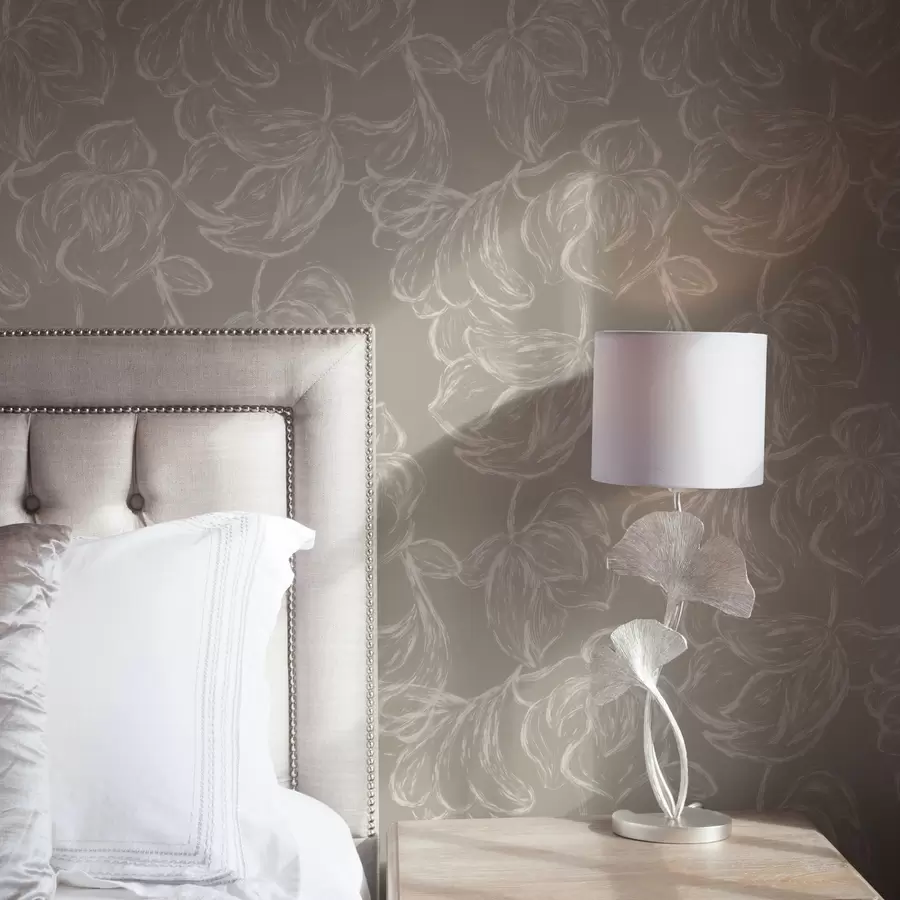 wall murals Cream outline flowers on a warm taupe background a00625v2