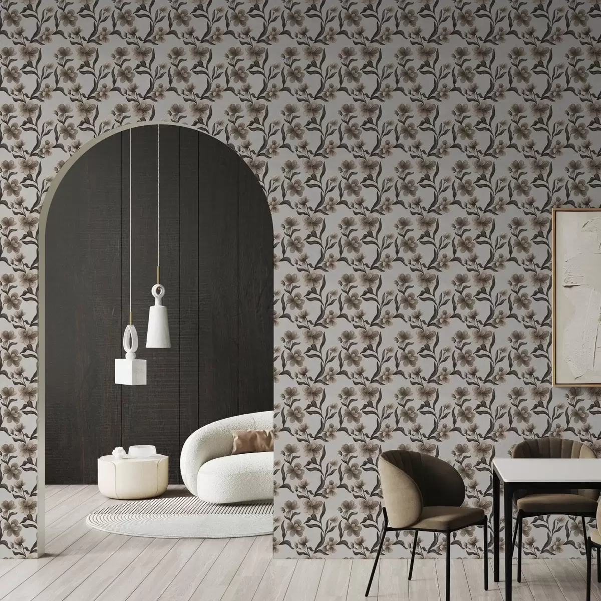 Wallpaper Beige flowers and dark branches on a light gray background a00626v1