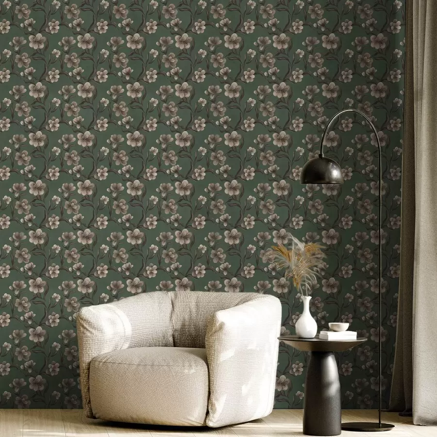 wall murals Beige flowers on a rich green background a00626v3
