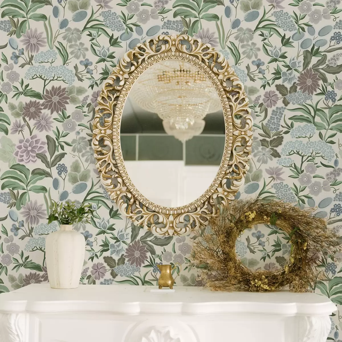 Wallpaper Pastel flowers and foliage in a mint-blue palette a00642