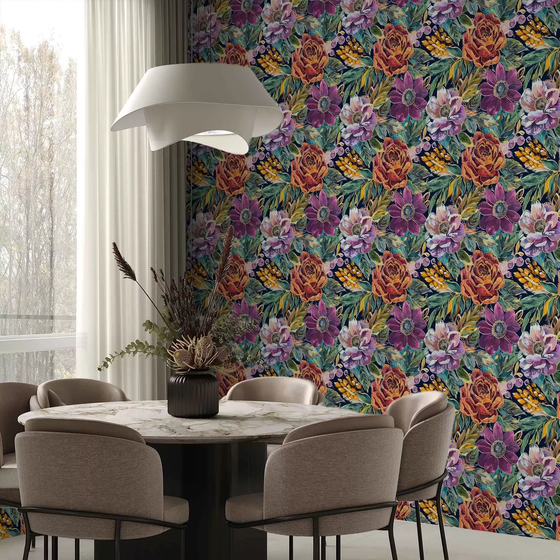 wall murals Bold large brush-painted flowers on a dark blue background a00643