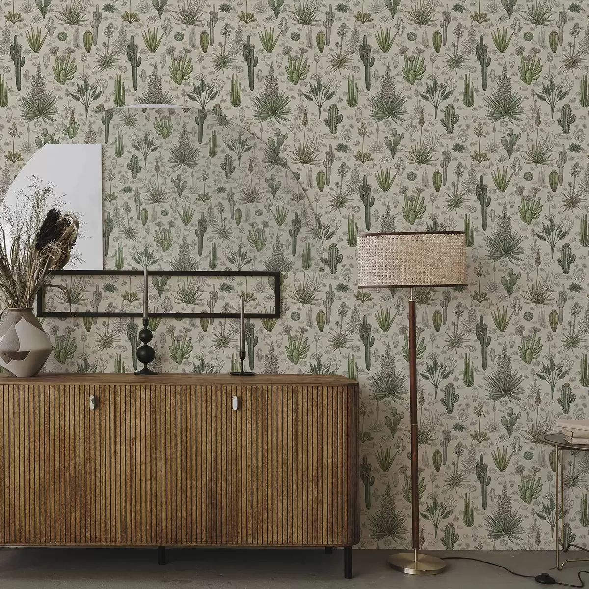 Wallpaper Cacti and succulents on a warm background, detailed print a00666