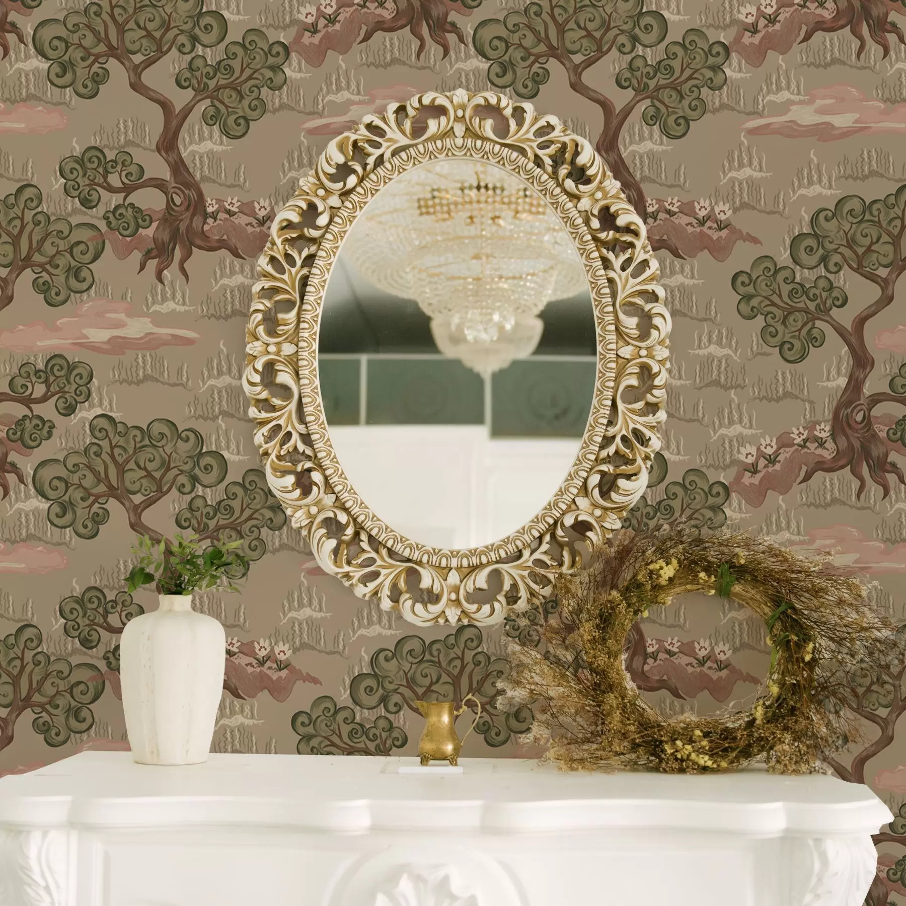 wall murals Eastern landscape with whimsical trees on a sandy background a00715