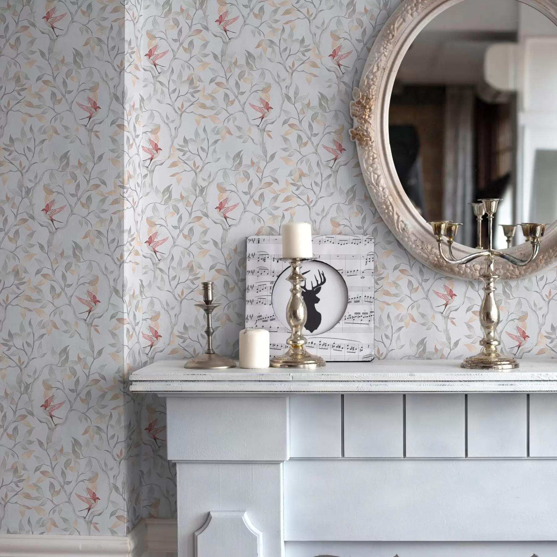 wall murals Light branches with leaves and birds in peach tones a00716