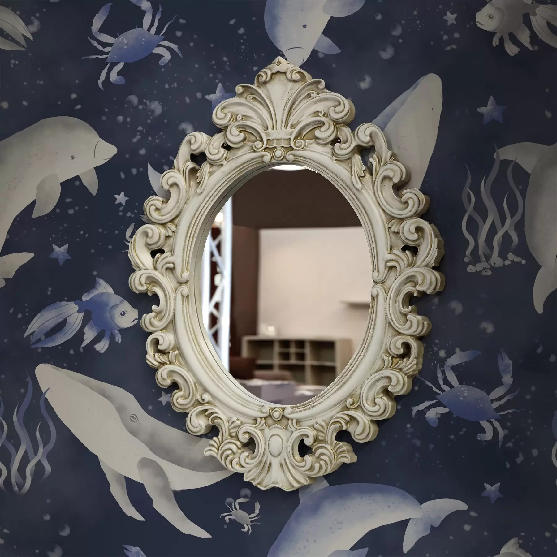 wall murals Sea whales, dolphins and crabs on a dark blue background a00720