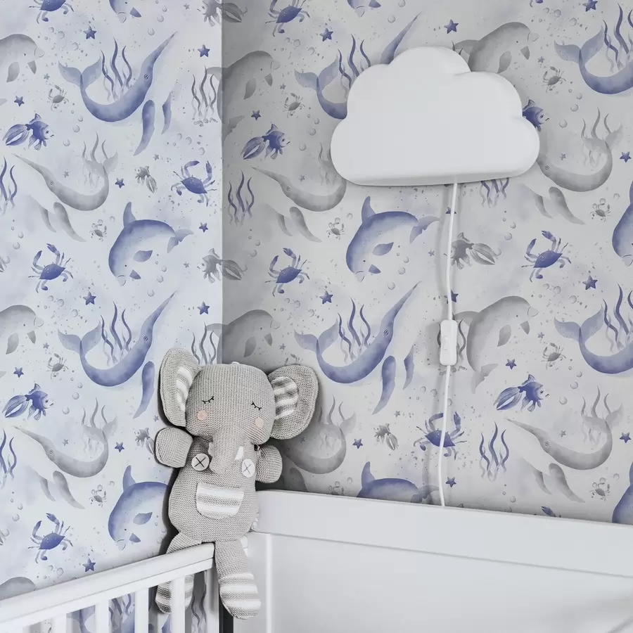 wall murals Sea whales and dolphins in blue tones on a white background a00720v1