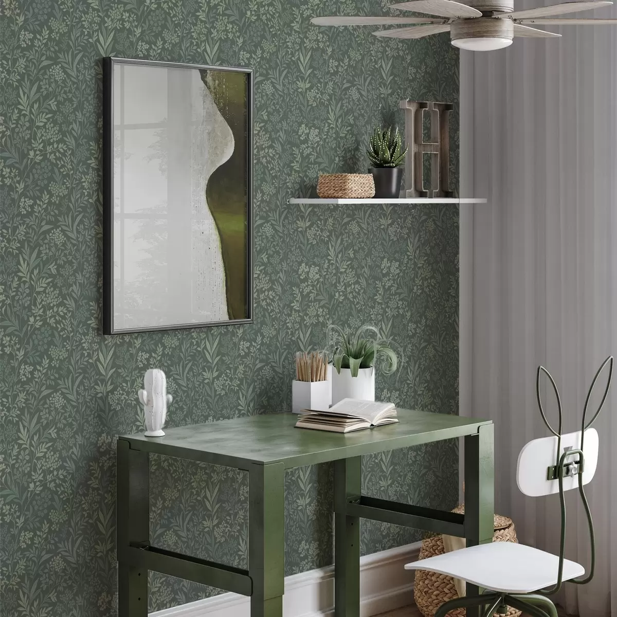 Wallpaper Emerald grasses and berries, fine botanical pattern a00740