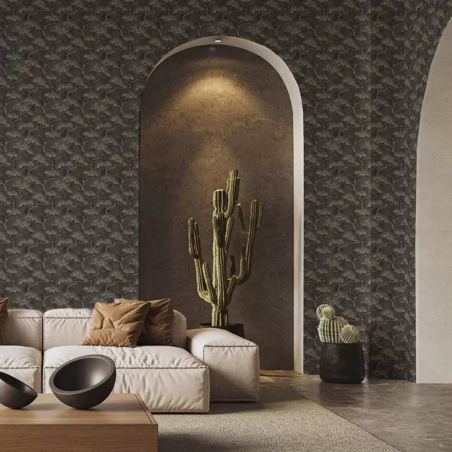 wall murals Pine silhouettes on a dark background, misty texture a00742