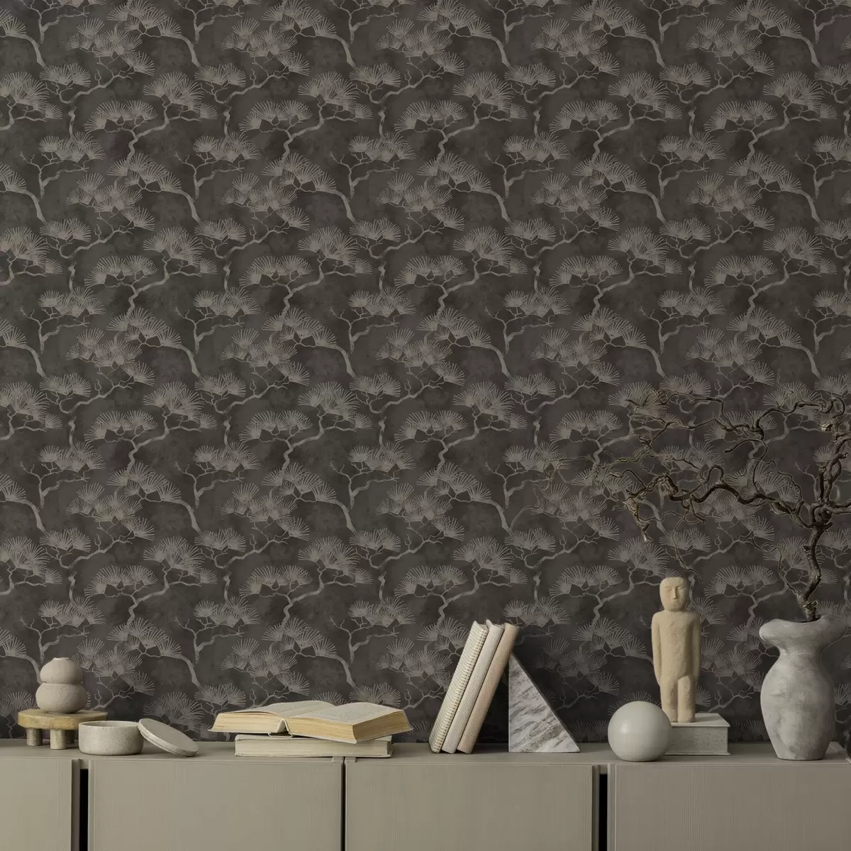 Wallpaper Pine silhouettes on a dark background, misty texture a00742