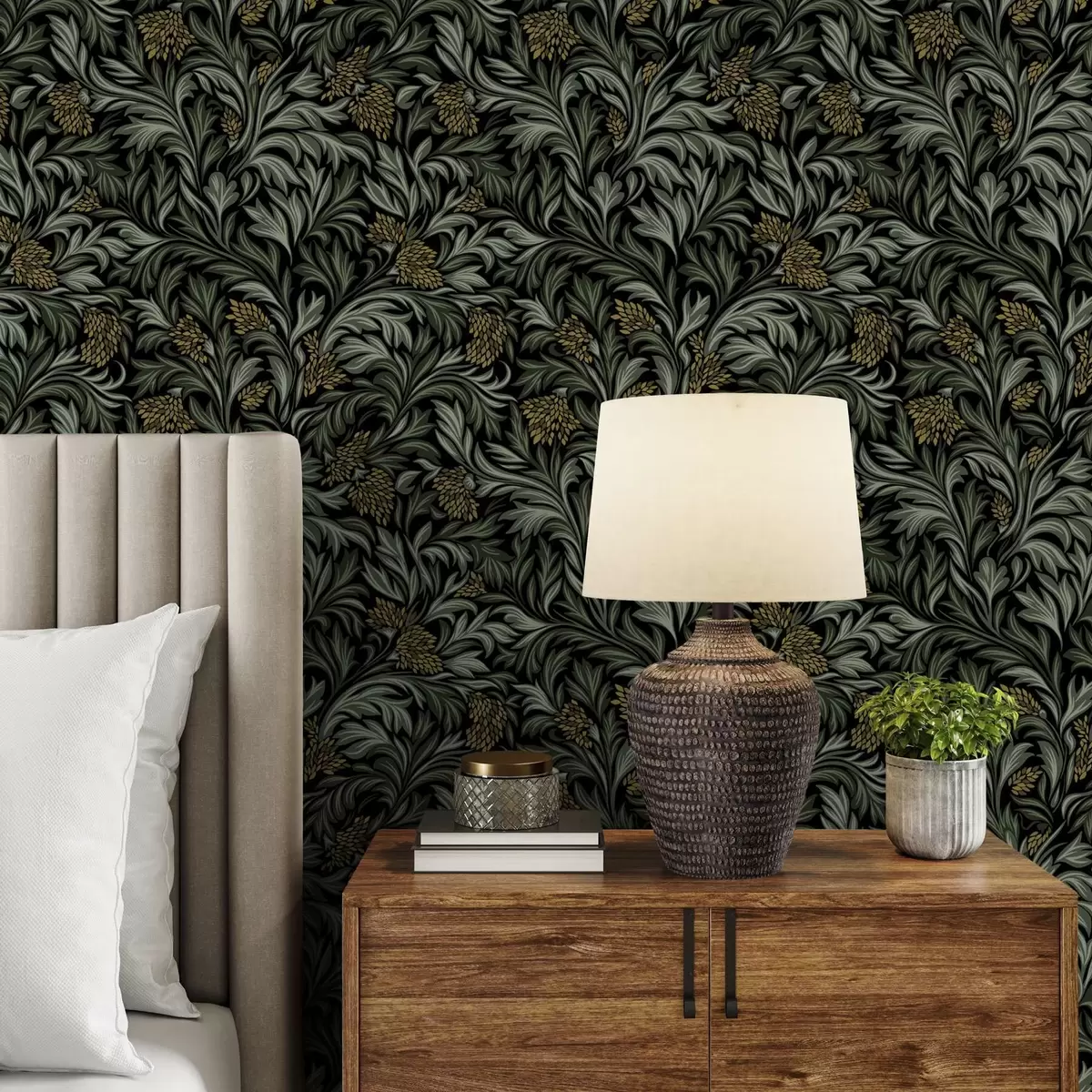 Wallpaper Dark acanthus leaves with yellow cones on black a00745