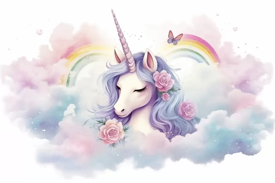 wall murals Pastel unicorn in clouds with rainbow and roses w03990