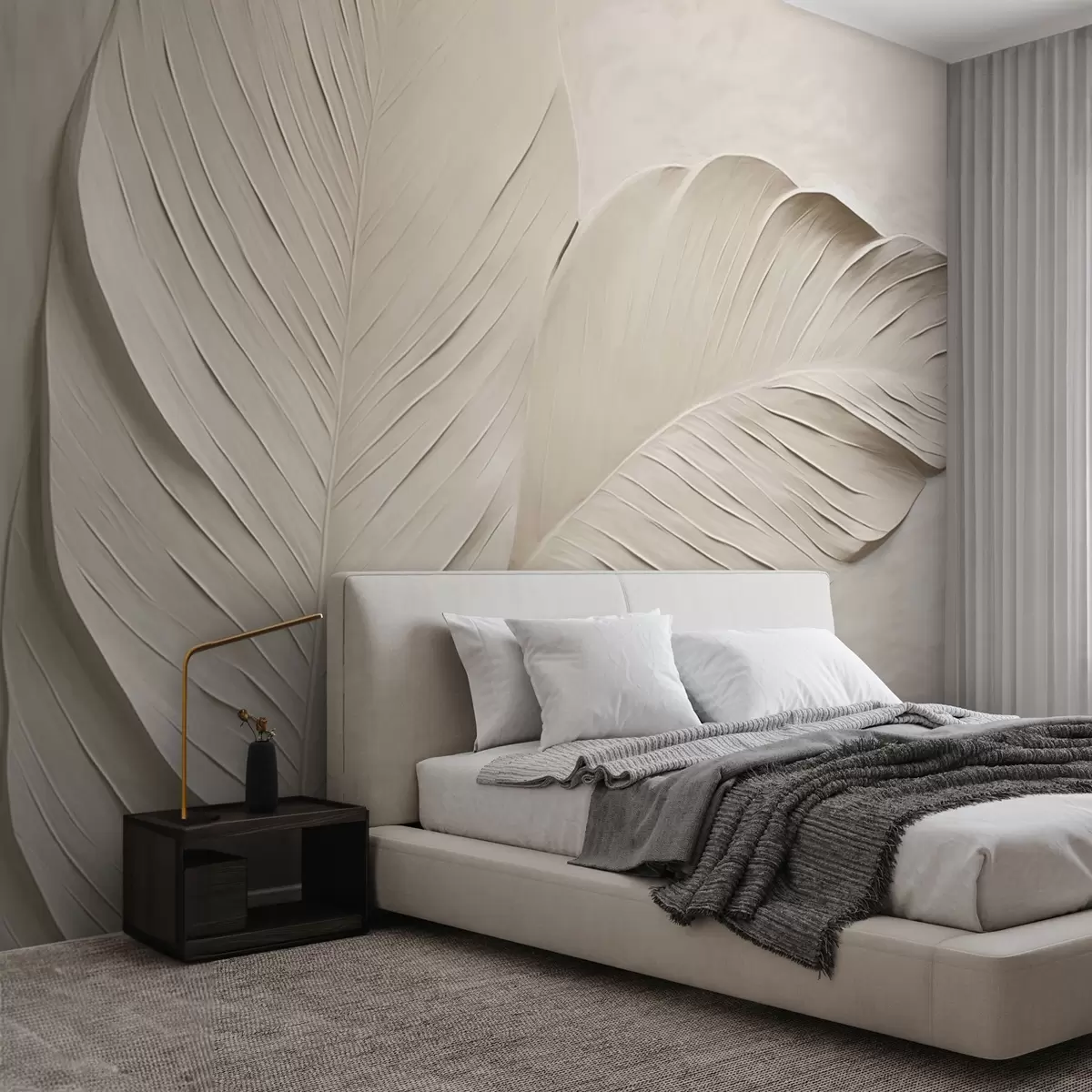 wall murals Embossed beige leaves with soft shadows w04614