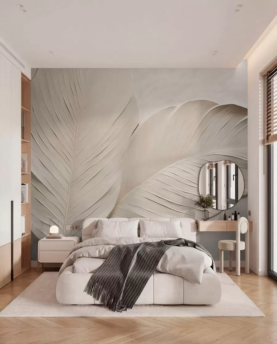 wall murals Embossed beige leaves with soft shadows w04614