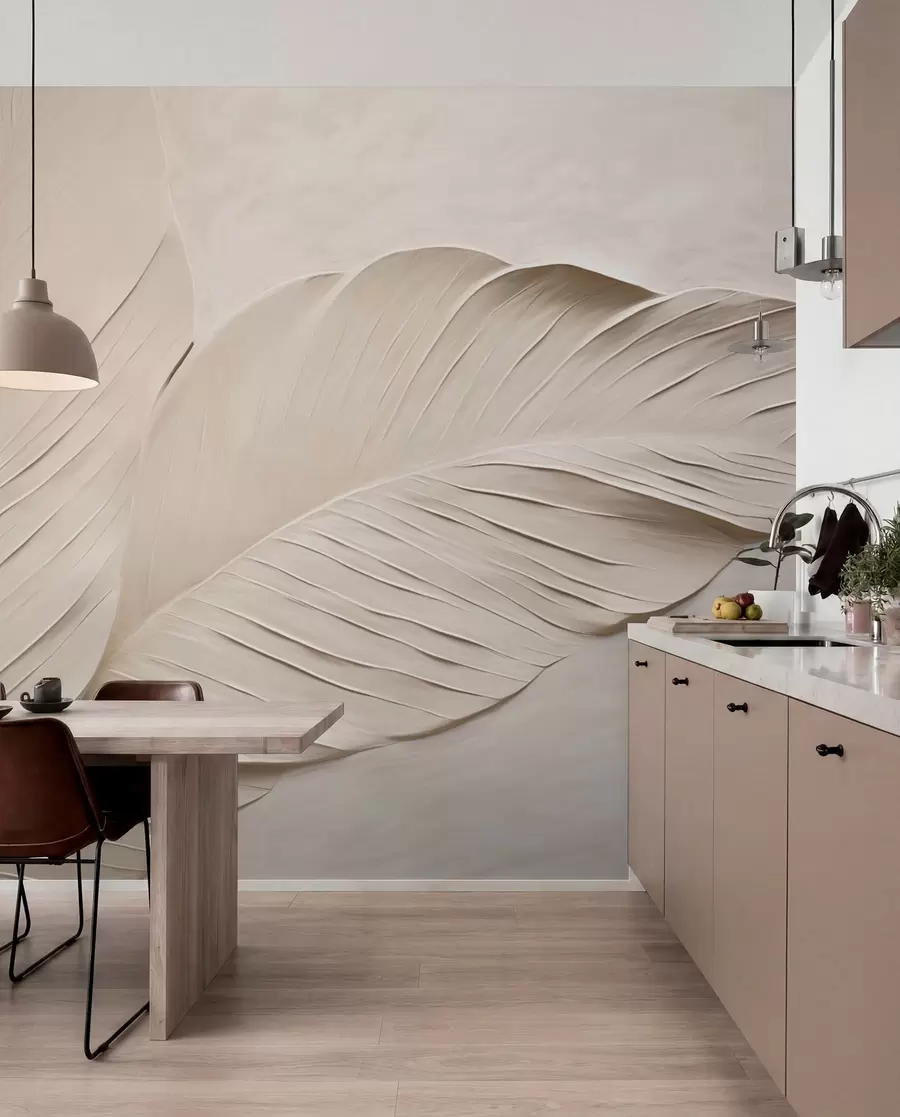 wall murals Embossed beige leaves with soft shadows w04614