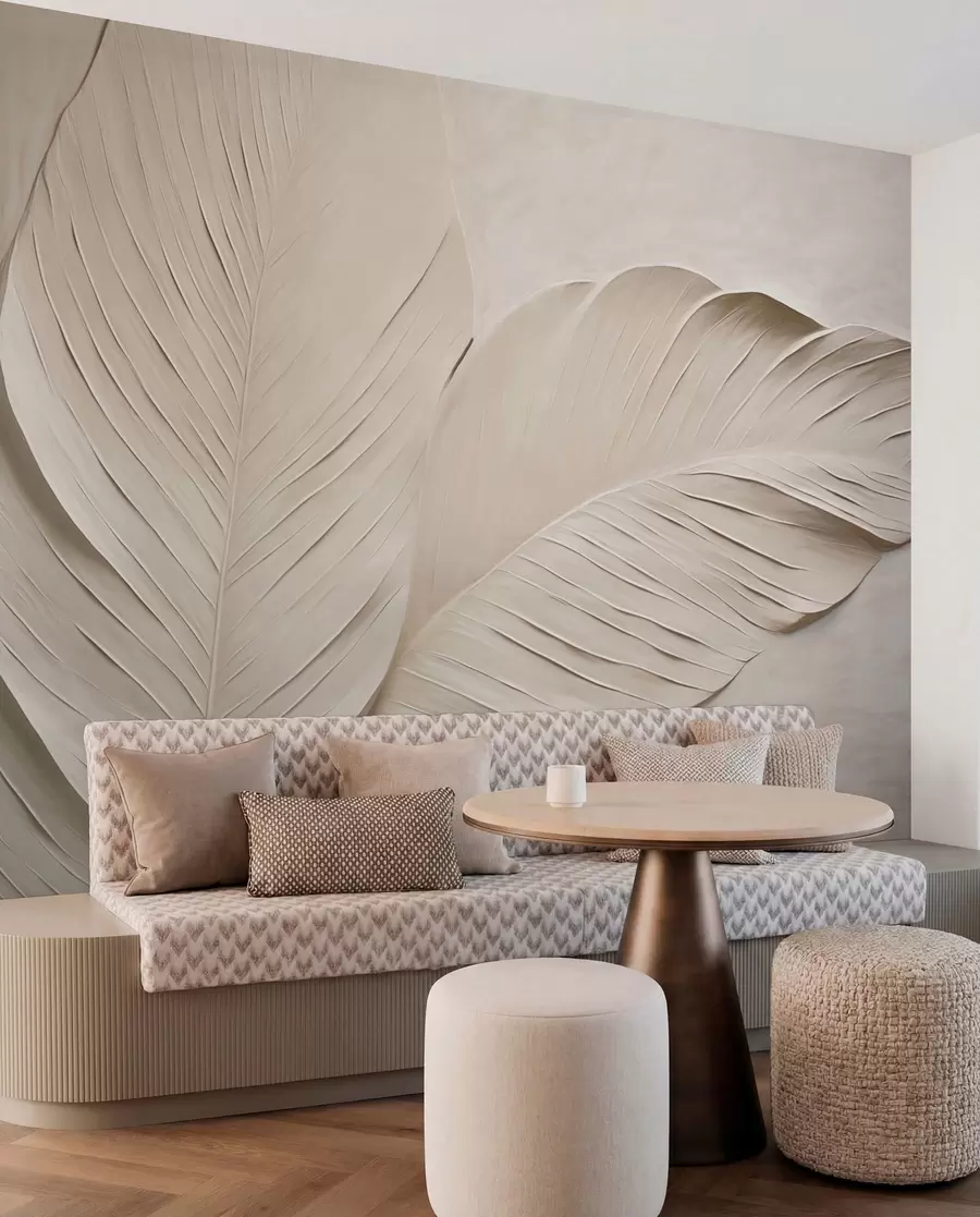 wall murals Embossed beige leaves with soft shadows w04614