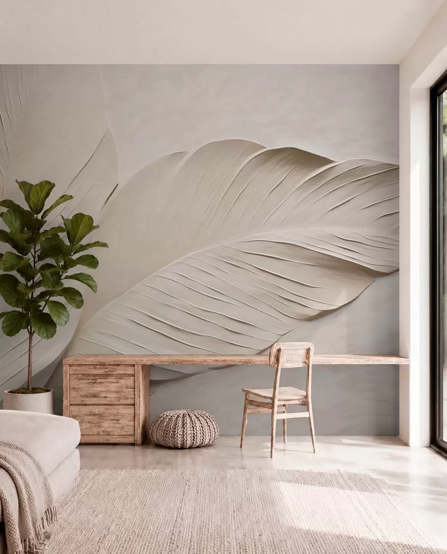wall murals Embossed beige leaves with soft shadows w04614
