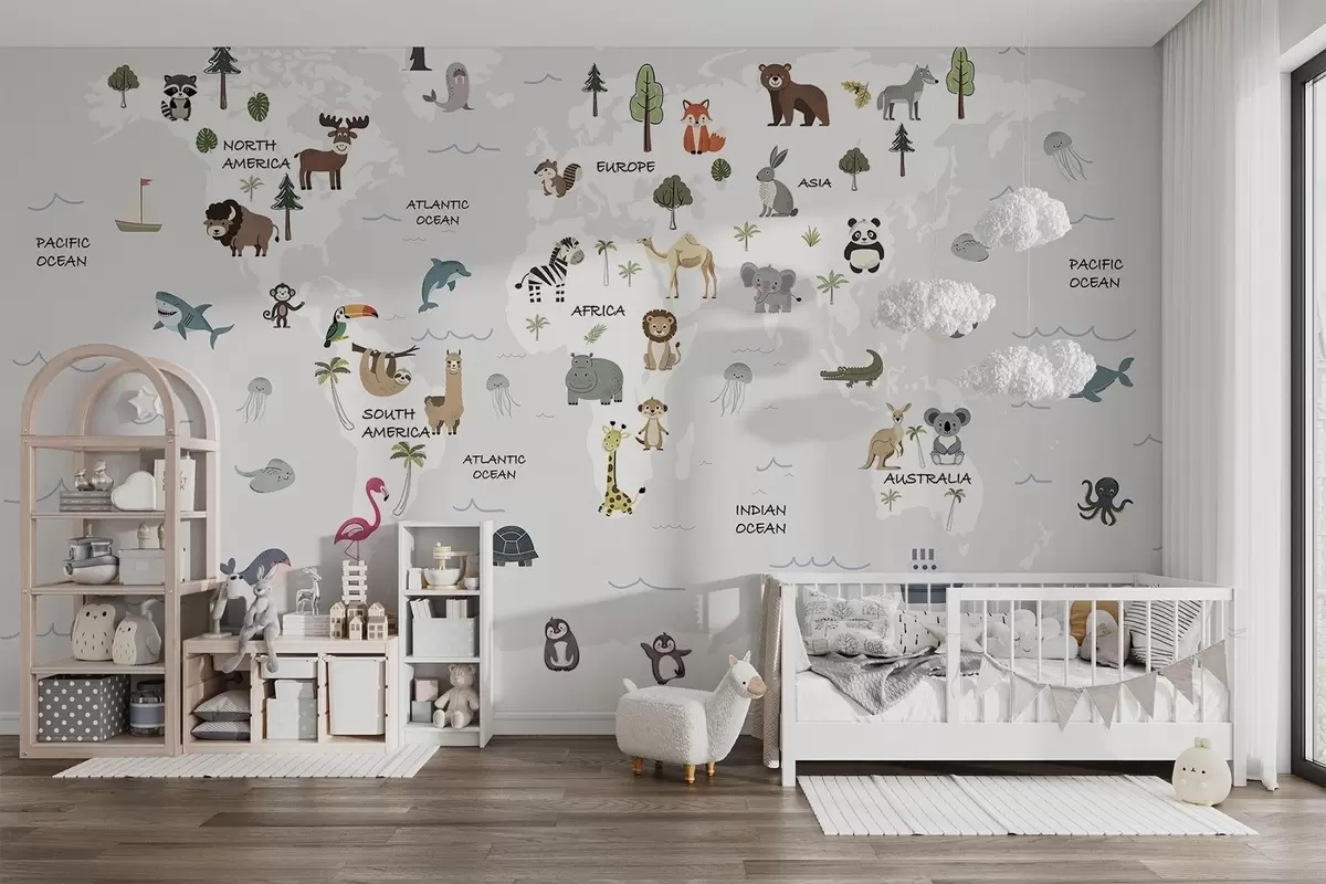 wall murals World map with animals w04663