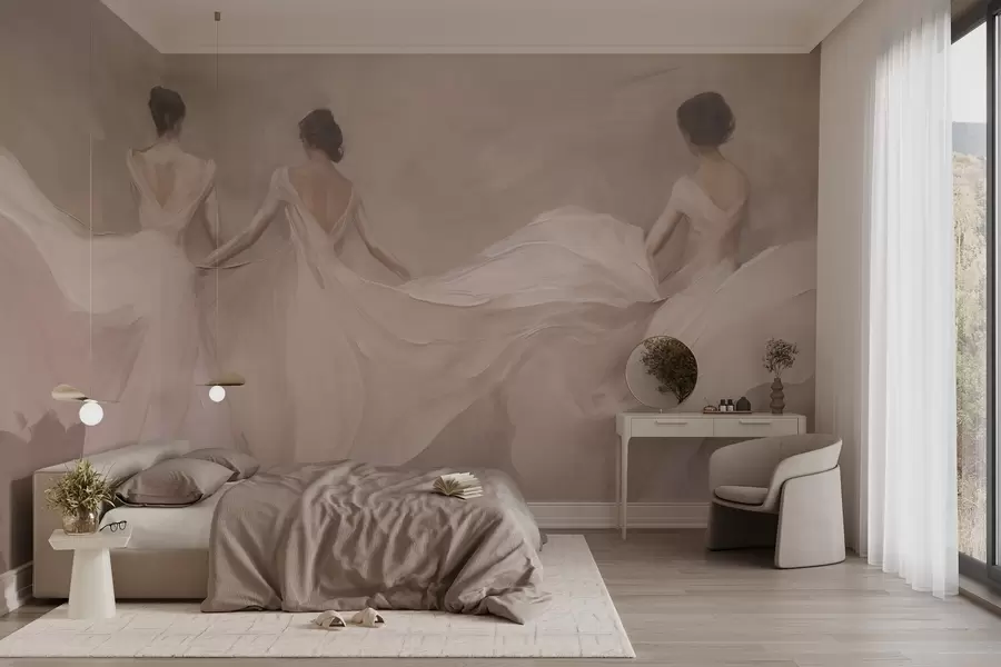wall murals Three women in pink dresses, flowing fabric, softness w04709