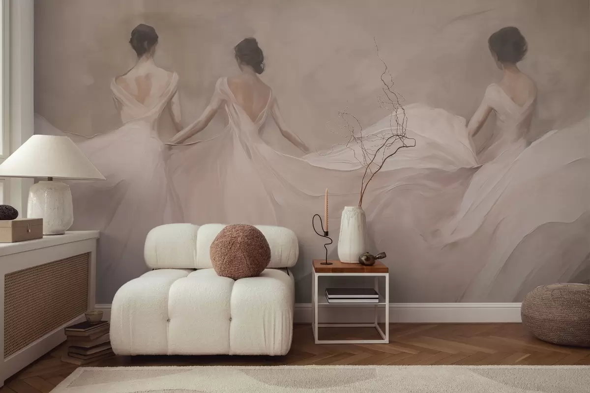 wall murals Three women in pink dresses, flowing fabric, softness w04709