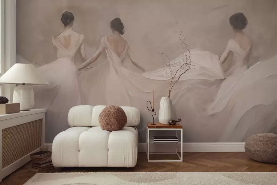 wall murals Three women in pink dresses, flowing fabric, softness w04709