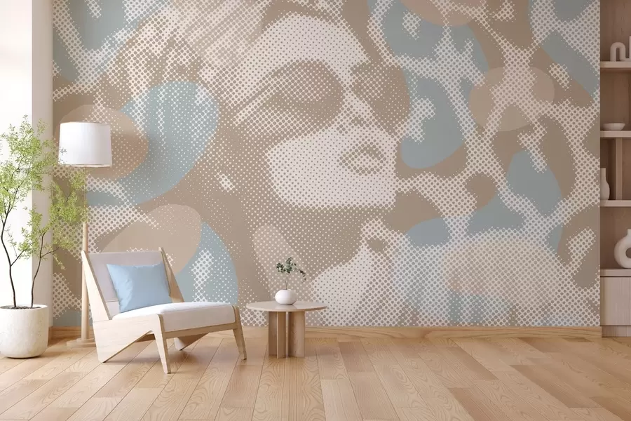 wall murals portrait of a woman on a leopard background in a dotted style in beige and blue tones w04630