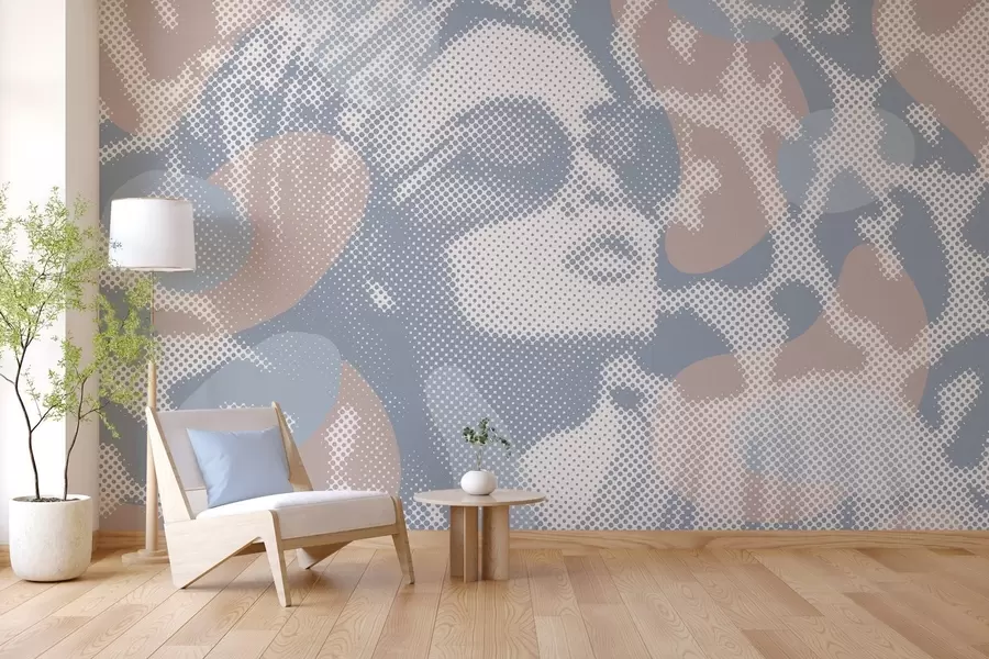 wall murals portrait of a woman on a leopard background in a dotted style in blue tones w04630v1