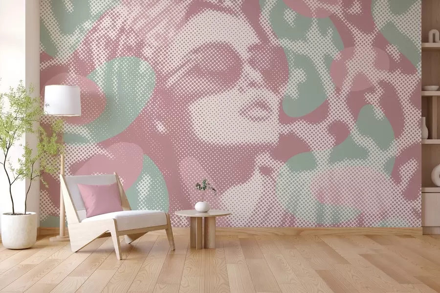 wall murals portrait of a woman on a leopard background in a dotted style in pink and green tones w04630v2
