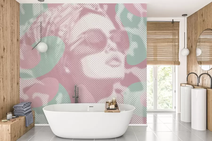 wall murals portrait of a woman on a leopard background in a dotted style in pink and green tones w04630v2