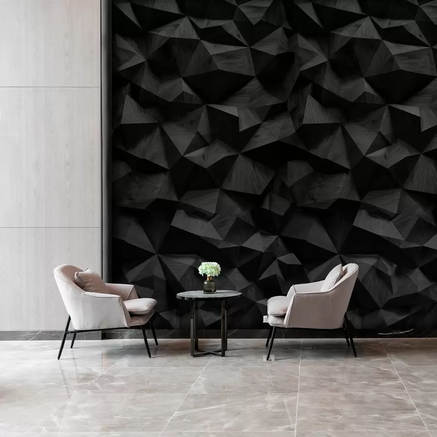 wall murals imitation of an angular relief wall made of dark wood w04632v1