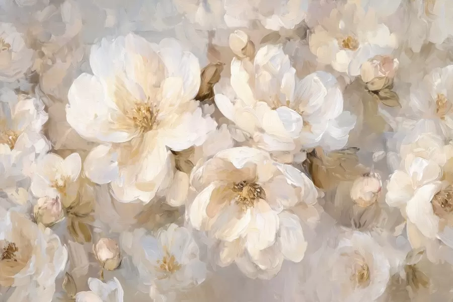wall murals large flowers in white and beige tones in the style of oil painting w04633