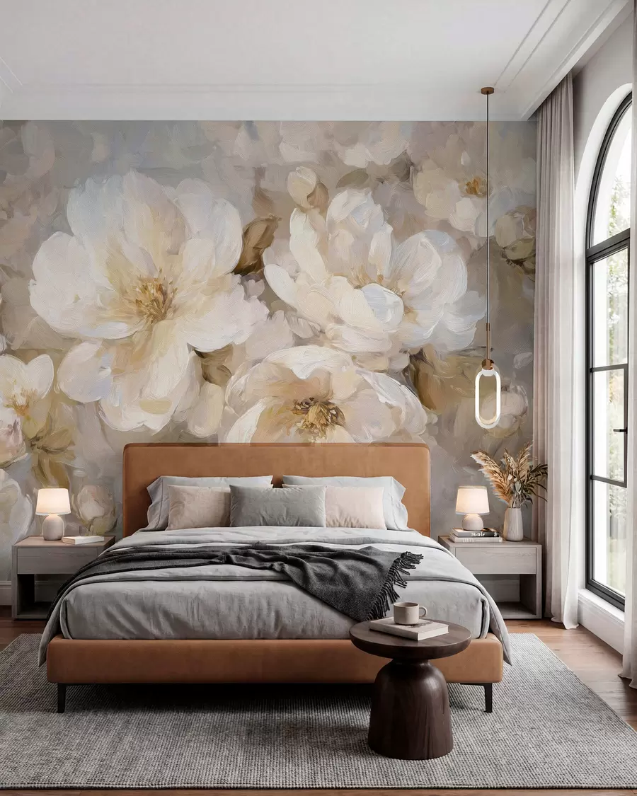 wall murals large flowers in white and beige tones in the style of oil painting w04633
