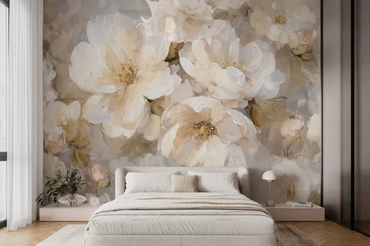 wall murals large flowers in white and beige tones in the style of oil painting w04633