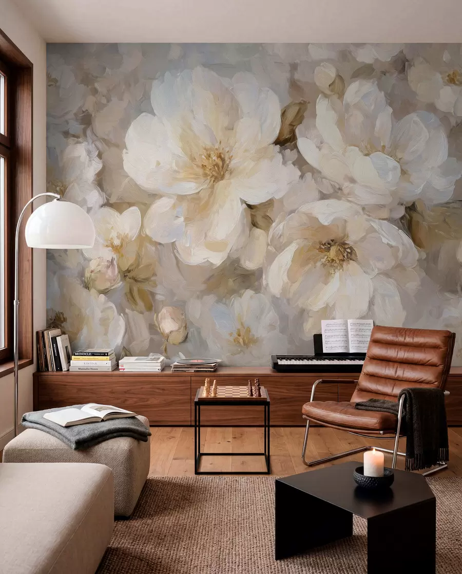 wall murals large flowers in white and beige tones in the style of oil painting w04633
