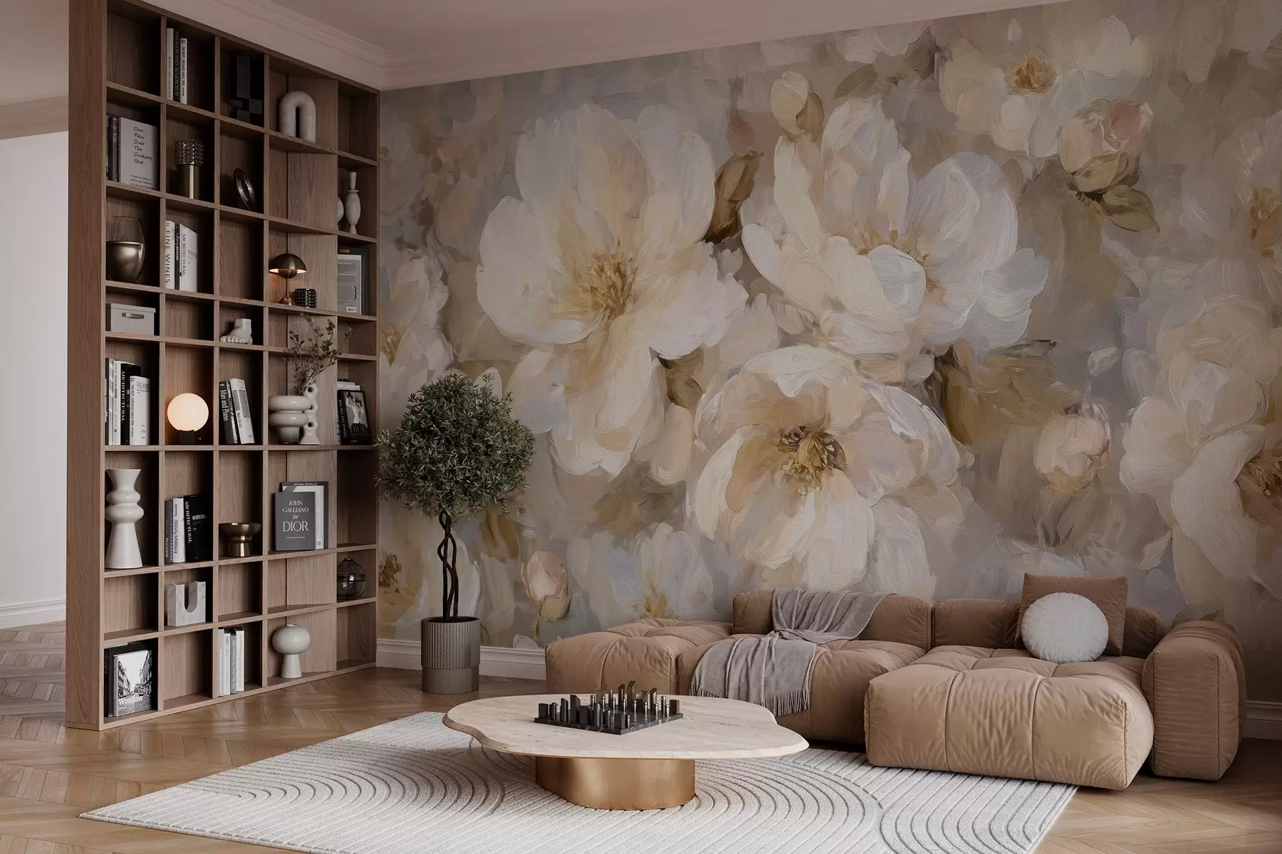 wall murals large flowers in white and beige tones in the style of oil painting w04633