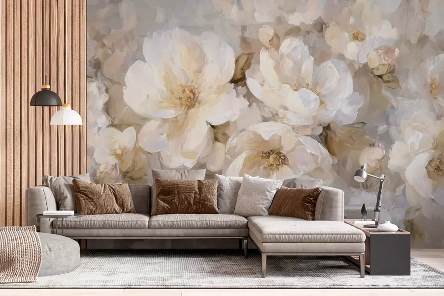 wall murals large flowers in white and beige tones in the style of oil painting w04633