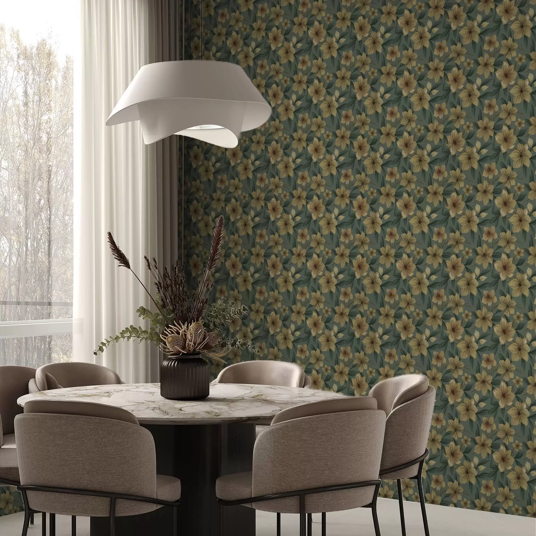 wall murals Ochre flowers on a deep green background, dense pattern a00628