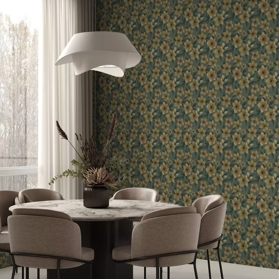 wall murals Ochre flowers on a deep green background, dense pattern a00628
