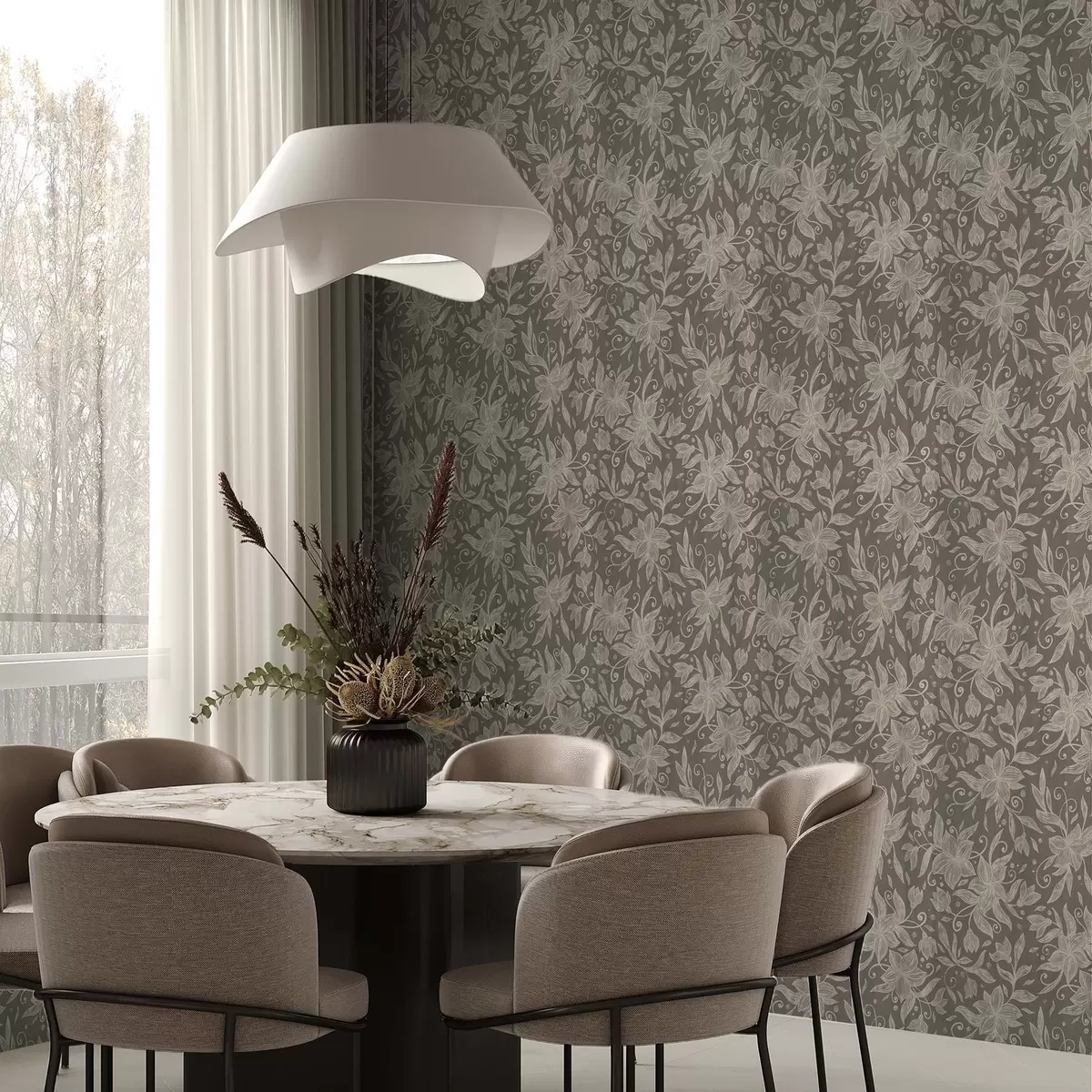 Wallpaper Light linear flowers, decorative scrolls a00630v1