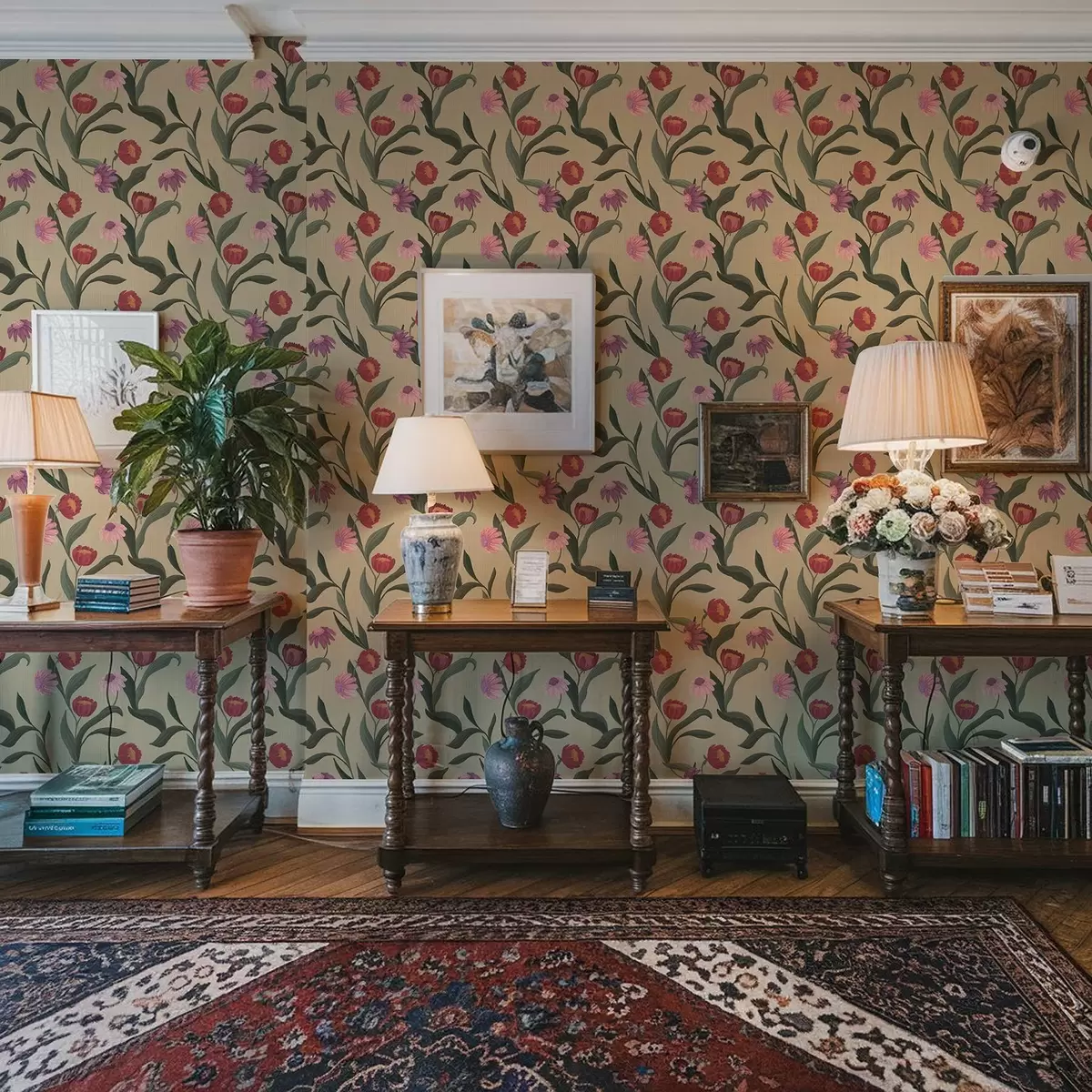 Wallpaper Pink-red flowers on a beige background, hand-drawn texture a00631