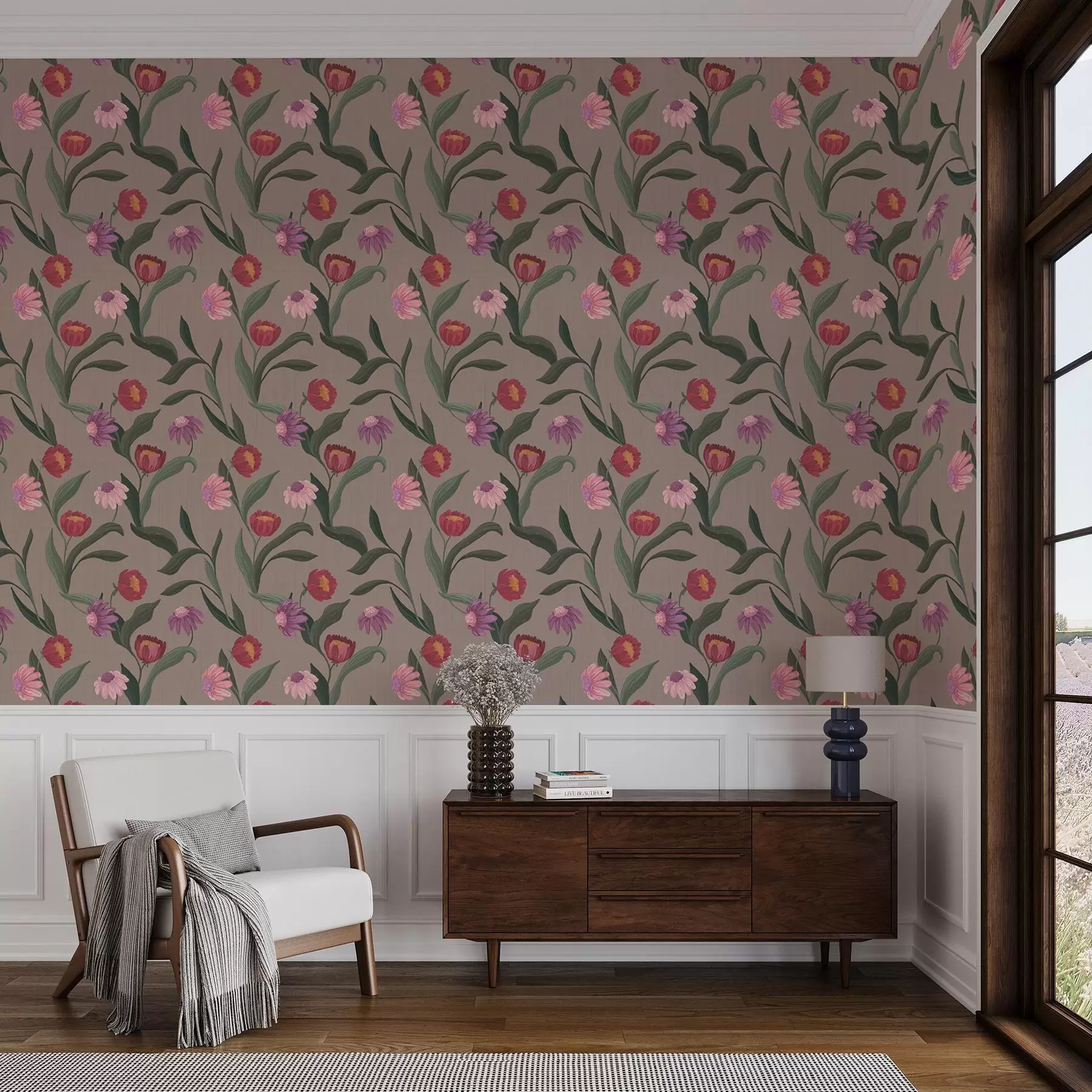 wall murals Pink-red flowers on a taupe background, long stems a00631v2